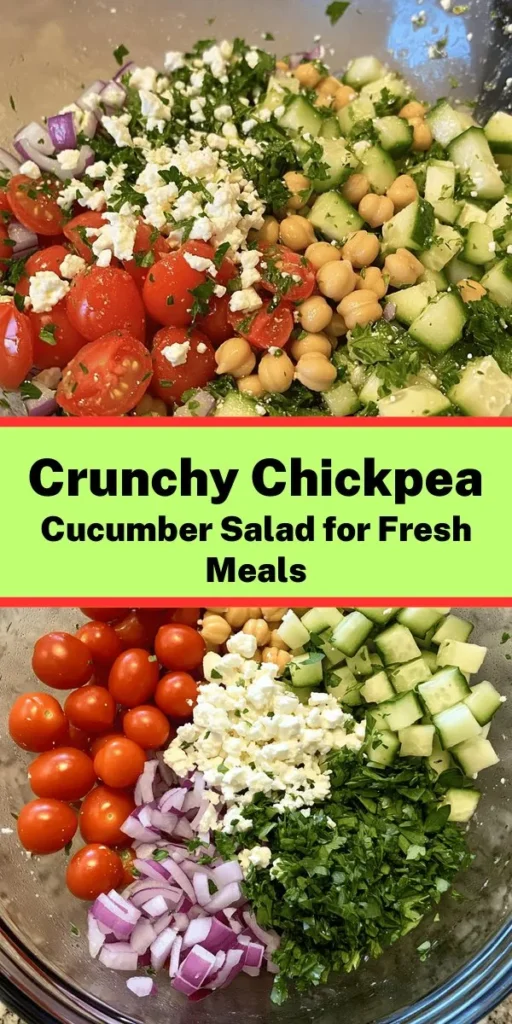Looking for a refreshing and healthy dish? Try this Fresh & Crunchy Chickpea Cucumber Salad! Packed with protein and vibrant veggies, it's perfect for a light lunch or a side dish. Simply combine chickpeas, cucumber, cherry tomatoes, red onion, and feta for a burst of flavor. Whisk together a zesty lemon and olive oil dressing, pour it over the salad, and enjoy! Ready in just 20 minutes, it's a quick and delicious option for any meal.