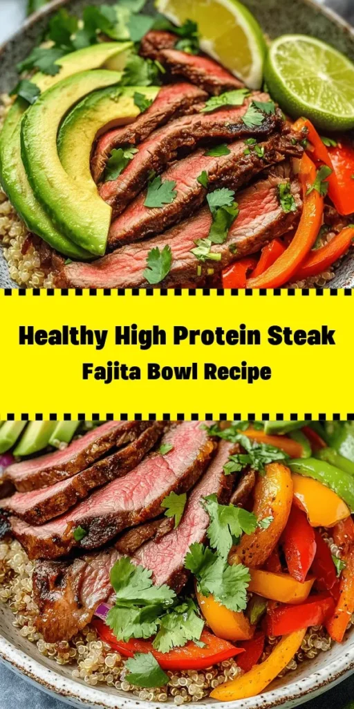 Elevate your dinner game with this High Protein Steak Fajita Bowl! Packed with tender flank steak, sautéed peppers and onions, and served over a hearty bed of quinoa or brown rice, this bowl is a nutrition powerhouse. Topped with creamy avocado, fresh cilantro, and a squeeze of lime, it's bursting with flavor. Perfect for meal prep or a quick weeknight meal, this recipe is sure to satisfy and keep you fueled. Enjoy!