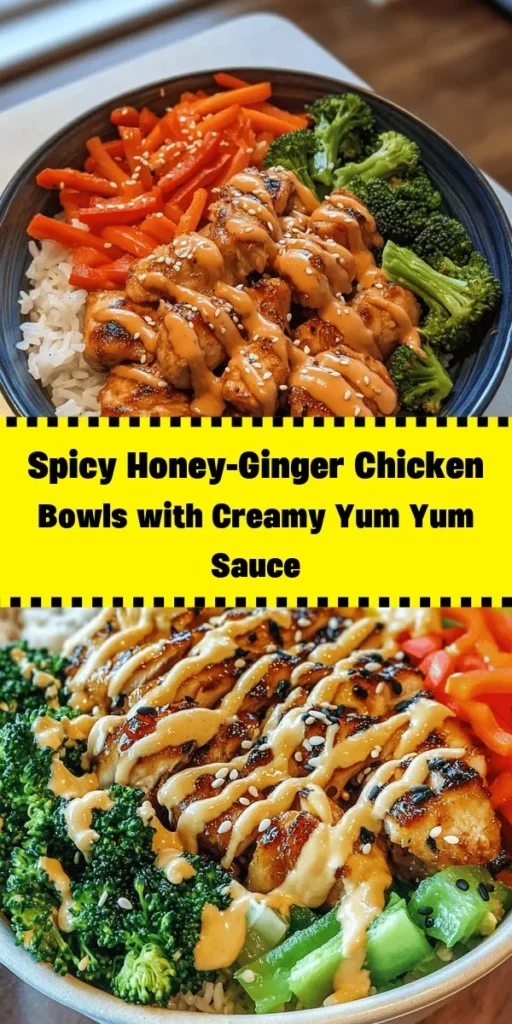 Looking for a deliciously spicy yet sweet meal? Try these Spicy Honey-Ginger Chicken Bowls with Yum Yum Sauce! Tender marinated chicken thighs are paired with sautéed veggies and fluffy rice, all drizzled with a creamy homemade Yum Yum sauce. It's a perfect blend of flavors and textures that's sure to please. Quick to prepare and absolutely satisfying, this recipe makes 4 servings and is great for dinner or meal prep. Easy to make and full of flavor, give it a try!