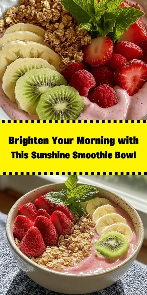 Start your day with a burst of flavor using this Morning Sunshine Smoothie Bowl! Packed with frozen bananas, mixed berries, and almond milk, it's not just delicious but also nutritious. Blend it up in just 10 minutes and top it with fresh fruits like kiwi and strawberries, crunchy granola, and a touch of mint for a refreshing finish. Perfect for breakfast or a snack, this vibrant bowl will brighten your morning and keep you energized all day!