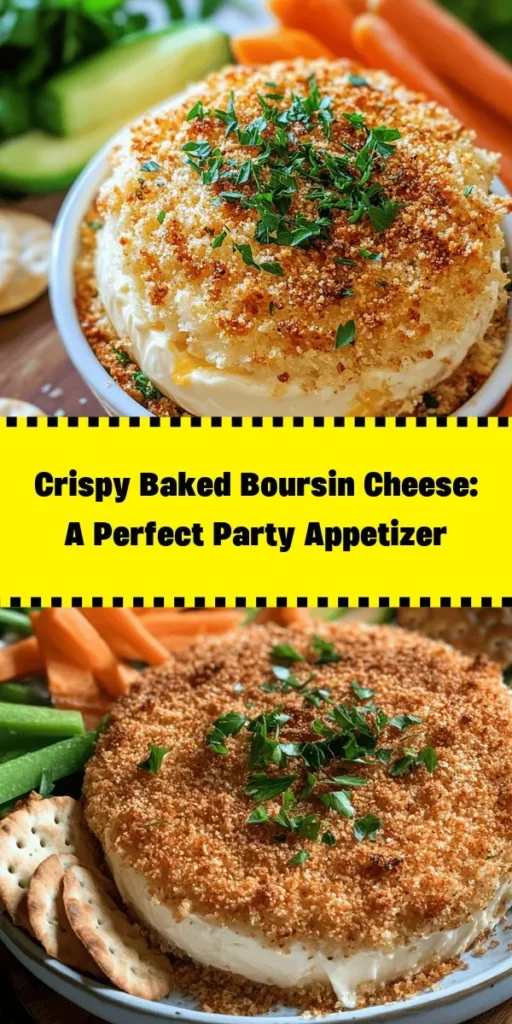 Discover the ultimate crowd-pleaser with this Crispy Baked Boursin Delight! Made with creamy Boursin cheese and coated in a crunchy mixture of panko breadcrumbs, Parmesan, and flavorful herbs, this dish is sure to impress. Perfect for parties or as a cozy snack, serve it with fresh veggies or your favorite crackers for a delightful dip. Easy to prepare and enjoy in just 30 minutes, it's a must-try for cheese lovers!