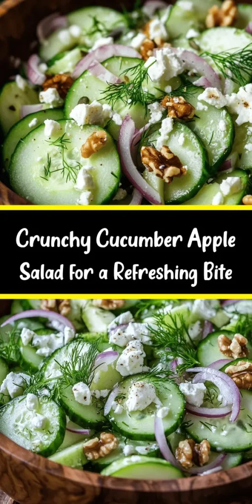 Refresh your palate with this Crunchy Cucumber and Apple Salad! Perfect for a light lunch or as a side dish, this salad combines crisp cucumber and tart apple with crunchy walnuts and creamy feta, all drizzled with a luscious Greek yogurt dressing. Packed with flavors from fresh dill and a hint of honey, it's a delightful blend of sweet and savory. Quick to prepare in just 15 minutes, this salad is as vibrant as it is delicious. Enjoy it fresh or chilled for an even tastier experience!