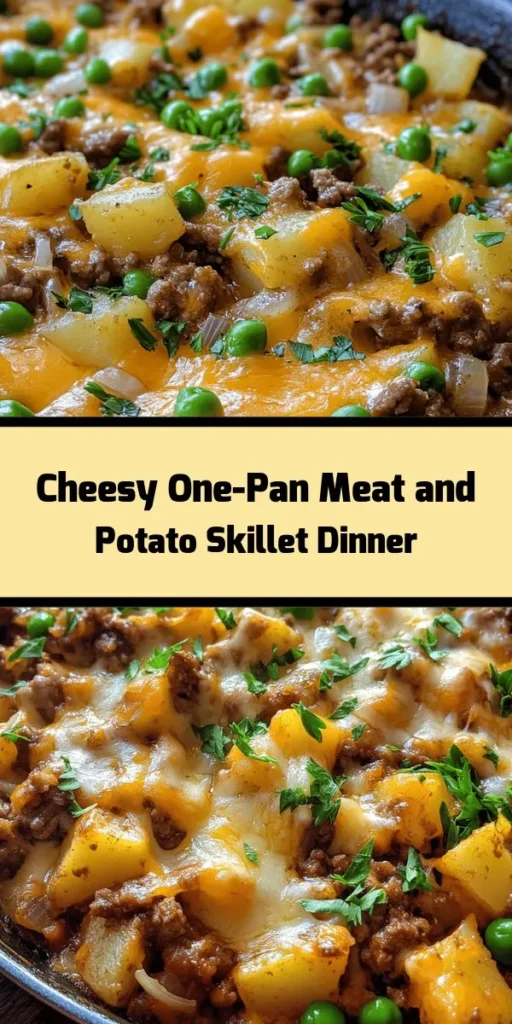 Savor the flavors of this easy One-Pan Cheesy Meat & Potato Skillet! Perfect for busy weeknights, this hearty dish features ground beef or turkey, diced russet potatoes, and a delicious blend of spices. Top it off with melted cheddar cheese and optional peas for added color and nutrition. With just one pan and 40 minutes, you can have a comforting family meal that’s sure to please everyone. Try it tonight!