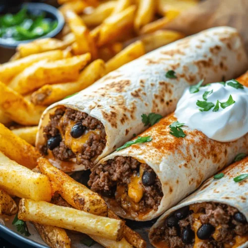When it comes to comfort food, few dishes can compete with the delightful combination of cheesy beef burritos and crispy fries. This meal is not only satisfying but also perfect for family dinners or gatherings where everyone can indulge in a burst of flavors and textures. The burritos, generously filled with seasoned ground beef and melted cheese, are complemented perfectly by golden, crispy fries that add a satisfying crunch to every bite. This recipe stands out not just for its deliciousness but also for its simplicity and the use of easily accessible ingredients that you likely already have in your kitchen.