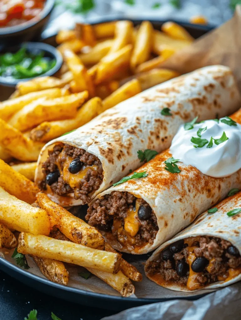 When it comes to comfort food, few dishes can compete with the delightful combination of cheesy beef burritos and crispy fries. This meal is not only satisfying but also perfect for family dinners or gatherings where everyone can indulge in a burst of flavors and textures. The burritos, generously filled with seasoned ground beef and melted cheese, are complemented perfectly by golden, crispy fries that add a satisfying crunch to every bite. This recipe stands out not just for its deliciousness but also for its simplicity and the use of easily accessible ingredients that you likely already have in your kitchen.