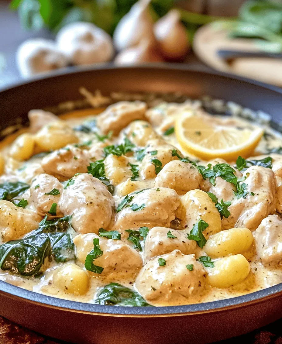 There’s something undeniably comforting about a warm, creamy dish that comes together in a single pot. Enter the <strong>One-Pot Lemon Chicken Gnocchi Delight</strong>, a delightful recipe that marries savory chicken with the zesty brightness of lemon, all enveloped in a creamy sauce that clings to fluffy gnocchi. This dish is not just a meal; it’s an experience that warms the soul and satisfies the palate.” /></p>
</p>
<h3>Step-by-Step Cooking Instructions</h3>
</p>
<p><strong>Sautéing the Chicken</strong></p>
<p>To start your One-Pot Lemon Chicken Gnocchi Delight, heat 2 tablespoons of olive oil in a large, heavy-bottomed skillet or Dutch oven over medium-high heat. Once the oil is shimmering, add the diced chicken breast. Spread the chicken in a single layer to ensure even cooking. Sauté for about 6-7 minutes, stirring occasionally until the chicken is golden brown on all sides. This browning process not only gives the chicken a rich flavor but also adds depth to the overall dish.</p>
</p>
<p>Once the chicken is nicely browned, remove it from the skillet and set it aside on a plate. This step is crucial as it prevents the chicken from overcooking while you prepare the rest of the ingredients.</p>
</p>
<p><strong>Cooking the Aromatics</strong></p>
<p>In the same skillet, without cleaning it, add a little more olive oil if necessary, followed by the chopped onion and minced garlic. Sauté these aromatics for about 3-4 minutes or until they become translucent and fragrant. The key here is to cook the onions until they are soft, as this will help release their natural sweetness, which balances the tartness of the lemon in the dish.</p>
</p>
<p><strong>Adding Liquids for a Balanced Sauce</strong></p>
<p>Next, pour in 1 cup of chicken broth and the juice of one lemon, scraping up any browned bits from the bottom of the skillet with a wooden spoon. This not only enhances the flavor of your sauce but also ensures that you capture all those delicious flavors that have developed during the sautéing process. After that, add in 1 cup of heavy cream, stirring until well combined. Bring the mixture to a gentle simmer, allowing it to thicken slightly.</p>
</p>
<p><strong>Cooking the Gnocchi</strong></p>
<p>Carefully add the gnocchi to the simmering sauce. If you are using store-bought gnocchi, it will take only about 2-3 minutes to cook. The gnocchi should float to the top when they are done. If you’re using homemade gnocchi, ensure they are cooked until tender but not mushy. Stir gently to coat the gnocchi in the luscious sauce. This step is crucial, as gnocchi can easily break apart if handled roughly.</p>
</p>
<p><strong>Returning the Chicken and Incorporating Spinach</strong></p>
<p>Once the gnocchi are cooked, return the golden chicken to the pan, along with 2 cups of fresh spinach. Stir gently to incorporate the spinach, letting it wilt down into the sauce. This not only adds a beautiful pop of color but also enhances the nutritional profile of your dish with vitamins and minerals.</p>
</p>
<p><strong>Final Steps for Creaminess with Parmesan</strong></p>
<p>To finish, sprinkle in ½ cup of grated Parmesan cheese, stirring until it’s melted and the sauce reaches your desired creaminess. If the sauce seems too thick, you can adjust the consistency with a splash of chicken broth or additional cream. Taste and adjust seasoning with salt and pepper as necessary.</p>
</p>
<h3>Flavor Profile and Texture</h3>
</p>
<p>The One-Pot Lemon Chicken Gnocchi Delight is a symphony of flavors and textures. The tender chicken provides a hearty base, while the creaminess of the sauce envelops the gnocchi, which is soft and pillowy on the inside. The wilted spinach adds a slight crunch and a burst of color, creating a visually appealing dish.</p>
</p>
<p>Lemon plays a pivotal role in elevating the entire ensemble. Its bright acidity cuts through the richness of the cream, providing a refreshing contrast that balances the flavors perfectly. This interplay of textures and tastes makes this dish not just a meal but an experience, inviting each bite to be savored.</p>
</p>
<h3>Serving Suggestions</h3>
</p>
<p>To complement your One-Pot Lemon Chicken Gnocchi Delight, consider serving it with a simple arugula salad dressed lightly with olive oil and lemon juice. The peppery notes of arugula will enhance the lemony flavor of the dish while providing a fresh crunch. Alternatively, crusty bread is a wonderful option for sopping up the creamy sauce, making your meal even more enjoyable.</p>
</p>
<p>When it comes to presentation, consider garnishing your dish with freshly chopped parsley or additional grated Parmesan. This not only adds visual appeal but also enhances the flavor profile. A wedge of lemon on the side can also be a nice touch, allowing guests to add an extra splash of citrus if they desire.</p>
</p>
<h3>Nutritional Information</h3>
</p>
<p>The One-Pot Lemon Chicken Gnocchi Delight is not just delicious; it’s also packed with nutritional benefits. The chicken breast serves as a lean protein source, helping to build and repair tissues while keeping you feeling full and satisfied. Spinach is a nutritional powerhouse, loaded with vitamins A, C, and K, along with iron and fiber, making it a great addition for overall health.</p>
</p>
<p>The heavy cream does contribute fat to the dish, but when balanced with the protein from the chicken and the fiber from spinach, it creates a satisfying meal. Gnocchi, made from potatoes, offers carbohydrates that provide energy, making this dish a well-rounded option for any weeknight dinner.</p>
</p>
<h3>Conclusion</h3>
</p>
<p>Making One-Pot Lemon Chicken Gnocchi Delight is not only easy but also an incredibly rewarding experience. This comforting yet elegant dish is perfect for various occasions, whether it’s a casual weeknight meal or a special gathering with friends and family. The harmonious blend of flavors and textures will leave everyone at the table asking for seconds.</p>
</p>
<p>Encourage your culinary adventures by adding this recipe to your weeknight rotation. It’s a delightful way to enjoy wholesome ingredients that come together in a single pot, minimizing cleanup while maximizing flavor. Dive into the experience of cooking this delightful dish, and savor the moments spent around the dinner table with loved ones. Enjoy!</p>
<div id=