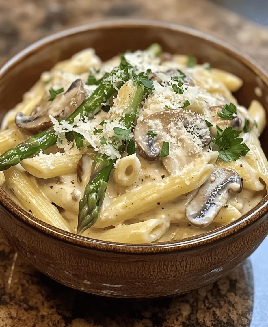 Welcome to the flavorful world of <strong>Creamy Mushroom and Asparagus Chicken Penne</strong>, a dish that embodies comfort, nutrition, and sheer delight. This delectable pasta recipe is perfect for weeknight dinners, offering a satisfying combination of tender chicken, vibrant vegetables, and a luscious creamy sauce that will please the entire family. Whether you’re an experienced chef or a novice in the kitchen, this recipe is designed to be simple yet impressively delicious.” /></p>
</p>
<p>Cooking pasta to the perfect al dente is crucial for achieving the ideal texture in your Creamy Mushroom and Asparagus Chicken Penne. When pasta is cooked al dente, it retains a firm bite, providing a delightful contrast to the creamy sauce and tender vegetables. To achieve this, bring a large pot of salted water to a rolling boil before adding your penne. Stir occasionally to prevent sticking, and taste the pasta a minute or two before the package instructions indicate it should be done. Once it reaches that perfect balance of tender yet slightly firm, drain it immediately and toss it with a drizzle of olive oil to prevent clumping.</p>
</p>
<h3>Sautéing the Chicken</h3>
</p>
<p>For perfectly cooked chicken, start with boneless, skinless chicken breasts or thighs, which cook quickly and remain juicy. Begin by cutting the chicken into bite-sized pieces to ensure even cooking. Season the chicken generously with salt, pepper, and your choice of herbs, such as Italian seasoning or garlic powder.</p>
</p>
<p>Heat a large skillet over medium-high heat and add a tablespoon of olive oil. Once the oil is shimmering, add the chicken in a single layer, ensuring not to overcrowd the pan. This allows for better browning. Sauté the chicken for about 5-7 minutes, stirring occasionally, until it is golden brown and cooked through. Use a meat thermometer to check that the internal temperature reaches 165°F (75°C). Once cooked, transfer the chicken to a plate and cover it with foil to keep it warm while you prepare the vegetables.</p>
</p>
<h3>Sautéing the Vegetables</h3>
</p>
<p>Timing is essential when sautéing vegetables to ensure they are perfectly cooked and retain their vibrant colors and textures. Start by adding another tablespoon of olive oil to the same skillet, scraping up any brown bits left from the chicken for added flavor.</p>
</p>
<p>Add the sliced mushrooms first, as they take a bit longer to cook. Sauté the mushrooms for about 4-5 minutes until they are golden brown and have released their moisture. Next, add the asparagus, cut into 1-inch pieces. Stir the mixture and cook for an additional 2-3 minutes until the asparagus is tender yet still crisp. Finally, add minced garlic and sauté for just 30 seconds until fragrant, as garlic can burn quickly. This combination of vegetables will contribute depth and freshness to your creamy sauce.</p>
</p>
<h3>Creating the Creamy Sauce</h3>
</p>
<p>Now, let’s create that luscious creamy sauce that will bring everything together. In the same skillet with the sautéed vegetables, pour in 1 cup of heavy cream or a mixture of cream and chicken broth for a lighter option. Stir gently to combine and bring the mixture to a simmer over medium heat.</p>
</p>
<p>To thicken the sauce, add grated Parmesan cheese gradually, stirring constantly until it melts and the sauce reaches a creamy consistency. If the sauce appears too thick, you can add a splash of chicken broth or reserved pasta water to achieve your desired texture. Season the sauce with salt, pepper, and a pinch of nutmeg for added warmth and richness.</p>
</p>
<h3>Combining the Ingredients</h3>
</p>
<p>With the sauce ready, it’s time to combine everything. Return the sautéed chicken to the skillet, allowing it to warm through for another minute. Next, add the drained penne pasta, tossing everything gently to ensure the pasta is thoroughly coated in the creamy sauce. If needed, adjust the seasoning once more to taste, and let the dish simmer for another minute to meld the flavors.</p>
</p>
<p>Consider garnishing with fresh parsley or additional grated Parmesan for a beautiful presentation. The combination of creamy sauce, tender chicken, and crisp vegetables creates a mouthwatering dish that is as pleasing to the eye as it is to the palate.</p>
</p>
<h3>Serving Suggestions</h3>
</p>
<p>When it comes to serving your Creamy Mushroom and Asparagus Chicken Penne, presentation is key. Serve the pasta in shallow bowls or on large plates, allowing the vibrant colors of the dish to shine. Drizzle a little extra cream or a sprinkle of Parmesan on top for an appealing finish.</p>
</p>
<p>Pair this dish with a light green salad dressed in a simple vinaigrette to balance the richness of the penne. A glass of white wine, such as Pinot Grigio or Chardonnay, complements the creamy flavors beautifully. For a more casual setting, serve the dish family-style in a large bowl, encouraging everyone to help themselves.</p>
</p>
<h3>Nutritional Information</h3>
</p>
<p>One serving of Creamy Mushroom and Asparagus Chicken Penne contains approximately 540 calories, with a breakdown of about 35 grams of protein, 60 grams of carbohydrates, and 20 grams of fat. The inclusion of chicken provides an excellent source of lean protein, while the mushrooms and asparagus contribute fiber, vitamins, and antioxidants. This dish can be part of a balanced diet when enjoyed in moderation and paired with a variety of other nutritious foods.</p>
</p>
<p>The health benefits of the main ingredients are noteworthy. Mushrooms are low in calories but high in nutrients, providing B vitamins and minerals like selenium. Asparagus is rich in vitamins A, C, E, and K, as well as fiber, making it a fantastic addition to your meals. The creamy sauce, while indulgent, can be made lighter with modifications, allowing you to enjoy this comforting dish without compromising your health goals.</p>
</p>
<h3>Variations and Customizations</h3>
</p>
<p>This Creamy Mushroom and Asparagus Chicken Penne recipe is versatile and can be adapted to suit various dietary preferences.</p>
</p>
<h4>Vegetarian Options</h4>
</p>
<p>For a vegetarian version, consider substituting the chicken with cubed tofu or tempeh, which can be sautéed in the same manner. You can also increase the quantity of vegetables by adding bell peppers, spinach, or zucchini. These additions will enhance the dish’s flavor and nutritional profile, making it a hearty vegetarian meal.</p>
</p>
<h4>Gluten-Free Adaptations</h4>
</p>
<p>For those following a gluten-free diet, there are many pasta options available today. Look for gluten-free penne made from rice, corn, or lentils, which will provide a similar texture and taste. Be sure to check the sauce ingredients too, as some pre-made sauces may contain gluten.</p>
</p>
<h4>Flavor Enhancements</h4>
</p>
<p>To elevate the flavor of your dish, consider adding sun-dried tomatoes or olives for a Mediterranean twist. A dash of lemon juice or a sprinkle of lemon zest can brighten the creamy sauce, adding a refreshing element. Spices such as red pepper flakes can introduce a hint of heat, while fresh herbs like basil or thyme can bring an aromatic quality.</p>
</p>
<h3>Conclusion</h3>
</p>
<p>In summary, Creamy Mushroom and Asparagus Chicken Penne is a delightful dish that effortlessly combines rich flavors and textures, making it a perfect choice for busy weeknights or special occasions. Its creamy sauce, tender chicken, and vibrant vegetables create a comforting meal that is sure to please everyone at the table.</p>
</p>
<p>By embracing your culinary skills and experimenting with this recipe, you can create a dish that celebrates the joy of cooking and sharing food with loved ones. So gather your ingredients, unleash your creativity in the kitchen, and savor the delicious results of your efforts. Whether enjoyed on a quiet evening or at a festive gathering, this creamy penne dish will undoubtedly become a beloved staple in your recipe repertoire.</p>
<div id=