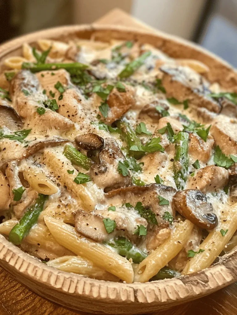 Welcome to the flavorful world of Creamy Mushroom and Asparagus Chicken Penne, a dish that embodies comfort, nutrition, and sheer delight. This delectable pasta recipe is perfect for weeknight dinners, offering a satisfying combination of tender chicken, vibrant vegetables, and a luscious creamy sauce that will please the entire family. Whether you're an experienced chef or a novice in the kitchen, this recipe is designed to be simple yet impressively delicious.