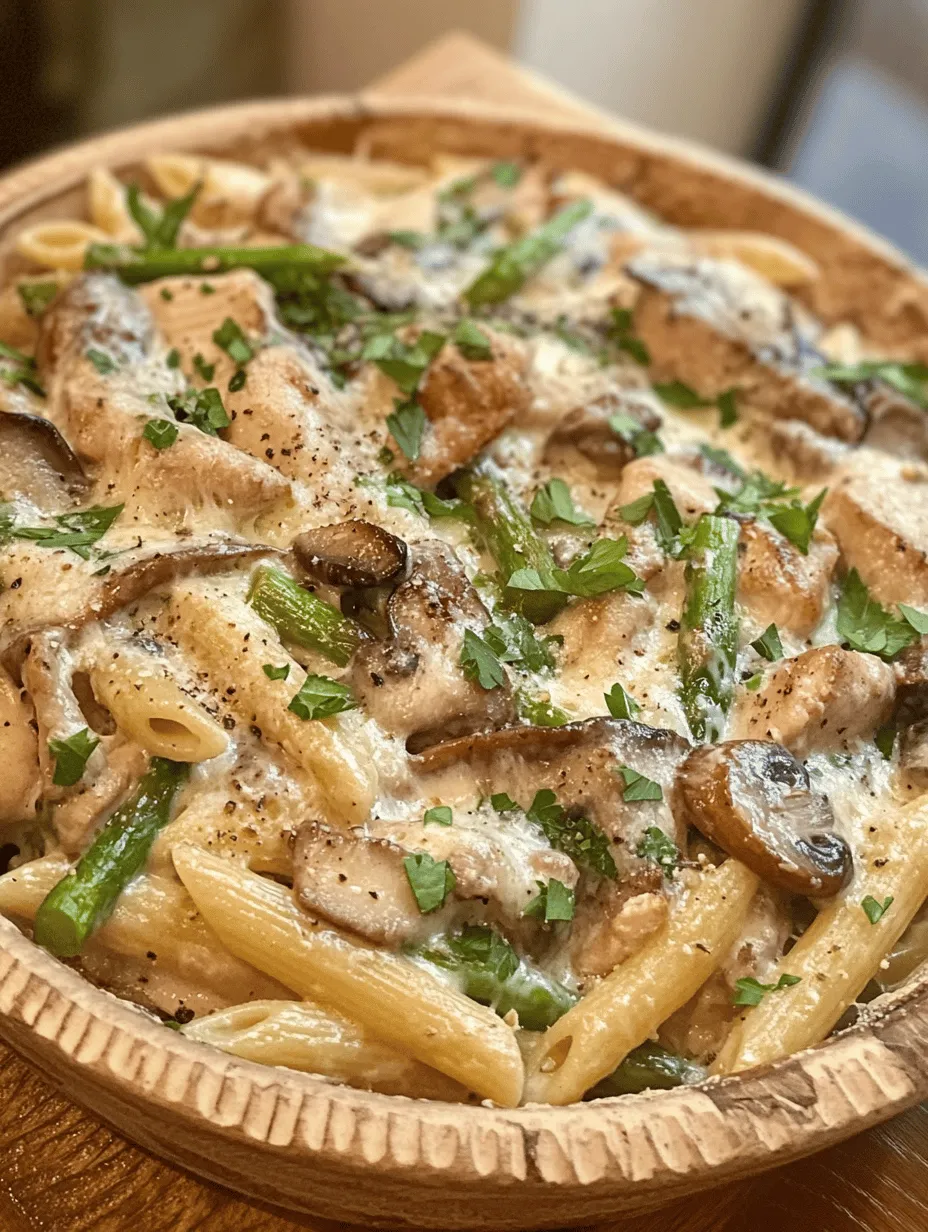 Welcome to the flavorful world of Creamy Mushroom and Asparagus Chicken Penne, a dish that embodies comfort, nutrition, and sheer delight. This delectable pasta recipe is perfect for weeknight dinners, offering a satisfying combination of tender chicken, vibrant vegetables, and a luscious creamy sauce that will please the entire family. Whether you're an experienced chef or a novice in the kitchen, this recipe is designed to be simple yet impressively delicious.