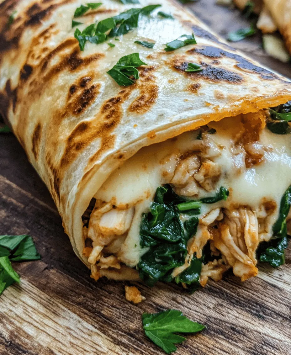 In the fast-paced world we live in, finding meals that are both quick to prepare and satisfying can often feel like a challenge. However, <strong>Cheesy Garlic Chicken Wraps</strong> emerge as a delightful solution, marrying the convenience of a wrap with the comforting flavors of garlic and cheese. This recipe is not only indulgent but also remarkably easy to make, making it a perfect choice for busy weeknights, casual get-togethers, or even meal prep for the week ahead. With tender shredded chicken, gooey mozzarella, and a hint of garlic all wrapped in a warm tortilla, each bite promises to deliver a burst of flavor that will leave you craving more.” /></p>
</p>
<h2>Serving Suggestions: Presentation Tips for an Appetizing Meal</h2>
</p>
<p>When it comes to serving Cheesy Garlic Chicken Wraps, presentation plays a crucial role in enhancing the overall dining experience. A well-presented dish not only appeals to the eyes but can also increase anticipation and enjoyment. Here are some tips for making your wraps look as good as they taste:</p>
</p>
<p>1. <strong>Choose the Right Plate</strong>: Opt for a large, flat plate to give your wraps space to breathe. White plates often work best, as they provide a clean backdrop that highlights the vibrant colors of the wraps and their fillings.</p>
</p>
<p>2. <strong>Garnish Wisely</strong>: Fresh herbs such as parsley or cilantro can elevate the visual appeal of your dish. A sprinkle of finely chopped herbs over the wraps adds a pop of color and a hint of freshness.</p>
</p>
<p>3. <strong>Cut for Sharing</strong>: If you’re serving these wraps to a group, consider slicing them in half or into pinwheels. This makes them easier to share and allows guests to see the delicious layers inside.</p>
</p>
<p>4. <strong>Pair with Sides</strong>: Complement your wraps with sides that enhance the meal. A fresh salad, some crunchy carrot sticks, or a bowl of homemade salsa can add color and texture, making the meal more inviting.</p>
</p>
<p>5. <strong>Serve with Dipping Sauces</strong>: A small dish of ranch dressing, garlic aioli, or spicy salsa on the side encourages dipping and adds an interactive element to your meal.</p>
</p>
<p>6. <strong>Add a Touch of Color</strong>: Consider including colorful ingredients in the wraps themselves, such as roasted red peppers, purple cabbage, or bright green spinach. This not only adds visual variety but also enhances the nutritional profile of the dish.</p>
</p>
<h2>Nutritional Benefits of Cheesy Garlic Chicken Wraps</h2>
</p>
<p>Analyzing the Health Aspects of Key Ingredients</p>
</p>
<h3>Protein Power: The Benefits of Chicken in Your Diet</h3>
</p>
<p>Chicken is an excellent source of lean protein, essential for muscle growth and repair. A single serving of chicken can provide around 25 grams of protein, making it a great choice for those looking to build muscle or maintain a healthy weight. Protein also plays a crucial role in hormone production and immune function, making it an important component of a balanced diet.</p>
</p>
<h3>Calcium Boost: The Role of Mozzarella and Cream Cheese</h3>
</p>
<p>Mozzarella cheese and cream cheese are not just delicious; they also provide a significant source of calcium, which is vital for bone health. Calcium is essential for maintaining strong bones and teeth, and it also plays a role in muscle function and nerve transmission. Incorporating these cheeses into your wraps helps ensure you’re getting a good dose of this important nutrient.</p>
</p>
<h3>Antioxidants and Nutrients: How Spinach Contributes to Health</h3>
</p>
<p>Spinach is a powerhouse of nutrients, packed with vitamins A, C, and K, as well as several B vitamins and minerals like iron and magnesium. It is also rich in antioxidants, which help combat oxidative stress and inflammation in the body. By adding spinach to your wraps, you are not only enhancing the flavor but also boosting the nutritional value of your meal.</p>
</p>
<h3>Garlic’s Health Benefits: From Immune Support to Heart Health</h3>
</p>
<p>Garlic is often hailed as a superfood due to its numerous health benefits. It contains compounds that have been shown to support the immune system, reduce blood pressure, and improve cholesterol levels. The allicin in garlic is particularly noted for its antibacterial and antiviral properties, making it a great addition to any meal, especially during cold and flu season.</p>
</p>
<h3>Moderation with Tortillas: Balancing Carbs in Your Meal</h3>
</p>
<p>While tortillas provide necessary carbohydrates for energy, it’s important to choose wisely. Whole grain or high-fiber tortillas can add extra nutrients and help maintain steady energy levels. When enjoying Cheesy Garlic Chicken Wraps, consider balancing your meal by pairing it with plenty of vegetables or a side salad to ensure you’re not overloading on carbs.</p>
</p>
<h2>Variations on the Cheesy Garlic Chicken Wraps</h2>
</p>
<p>Exploring Creative Twists on the Classic Recipe</p>
</p>
<h3>Spicy Kick: Adding Jalapeños or Hot Sauce</h3>
</p>
<p>For those who enjoy a bit of heat, incorporating jalapeños or a drizzle of hot sauce can transform your wraps into a spicy sensation. Sliced jalapeños can be added directly into the filling, or you can serve hot sauce on the side for an extra kick.</p>
</p>
<h3>Veggie Delight: Incorporating Additional Vegetables</h3>
</p>
<p>Experimenting with various vegetables can not only enhance the flavor of your wraps but also boost their nutritional profile. Consider adding bell peppers, zucchini, mushrooms, or even roasted vegetables for added texture and taste. This variation makes the wraps more colorful and appealing, while also catering to those who prefer a more plant-based meal.</p>
</p>
<h3>Different Cheeses: Experimenting with Cheddar or Pepper Jack</h3>
</p>
<p>While mozzarella is a classic choice, don’t hesitate to explore other cheese options. Cheddar provides a sharper flavor, whereas pepper jack offers a spicy twist that complements the garlic beautifully. Mixing different cheeses can create a unique flavor profile and make your wraps stand out.</p>
</p>
<h3>Gluten-Free Options: Using Alternative Wraps</h3>
</p>
<p>For those with gluten sensitivities or celiac disease, there are plenty of gluten-free wrap options available. Tortillas made from almond flour, coconut flour, or even lettuce can serve as a base for your Cheesy Garlic Chicken Wraps, allowing everyone to enjoy this delicious meal without worry.</p>
</p>
<h2>Storing and Reheating Tips</h2>
</p>
<p>Maximizing Freshness and Flavor Beyond Initial Preparation</p>
</p>
<h3>Proper Storage Techniques: Keeping Wraps Fresh</h3>
</p>
<p>To keep your Cheesy Garlic Chicken Wraps fresh, store them in an airtight container in the refrigerator. If you’ve made several wraps, separate them with parchment paper to prevent sticking. They can typically be stored for up to three days in the fridge without losing flavor or texture.</p>
</p>
<h3>Reheating Methods: Best Practices for Maintaining Texture</h3>
</p>
<p>When it comes to reheating your wraps, the microwave is quick but can make the tortillas chewy. Instead, consider using an oven or a skillet. To reheat in the oven, preheat to 350°F (175°C) and wrap the tortillas in foil to keep them from drying out. Heat for about 10-15 minutes until warmed through. Alternatively, a skillet on medium heat can be used to re-crisp the tortillas while warming the filling, giving you a fresh-tasting wrap.</p>
</p>
<h2>Conclusion</h2>
</p>
<p>Cheesy Garlic Chicken Wraps are not only a delicious meal option but also a versatile dish that can be tailored to fit various tastes and dietary needs. With simple ingredients and straightforward preparation, this recipe brings comfort and satisfaction to the table. Whether enjoyed as a family dinner or a quick lunch, these wraps are bound to become a favorite in your culinary repertoire. Embrace the cheesy, garlicky goodness and share the joy of cooking with loved ones. The combination of health benefits, creative variations, and easy storage options make these wraps a timeless addition to your meal planning. So gather your ingredients, get creative, and indulge in the delightful experience of Cheesy Garlic Chicken Wraps!</p>
<div id=