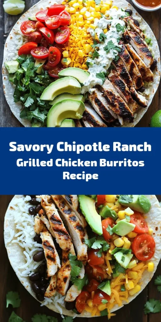 Satisfy your taste buds with this Easy Chipotle Ranch Grilled Chicken Burrito! Marinated chicken grilled to perfection and wrapped in a warm tortilla with rice, black beans, corn, cheese, avocado, and fresh tomatoes. It's a flavor-packed meal that's perfect for busy weeknights or a weekend treat. Pair it with a squeeze of lime and your favorite chipotle ranch dressing for dipping. Quick to prepare and oh-so-delicious, this recipe serves four and is sure to impress!