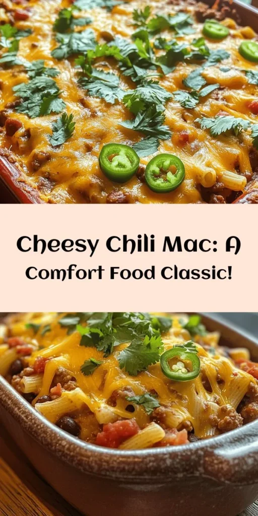Looking for a comforting and delicious meal? Try this Cheesy Chili Mac Delight! This hearty dish combines elbow macaroni with seasoned ground beef (or turkey), kidney and black beans, and crushed tomatoes for a flavor-packed experience. Topped with melty cheddar cheese, it's sure to be a family favorite. Perfect for weeknight dinners, this recipe is quick to prepare and serves 6. Garnish with fresh cilantro and jalapeños for an extra kick!