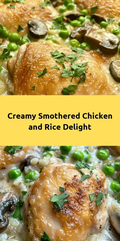 Indulge in this creamy smothered chicken and rice dish that is both comforting and satisfying! With tender chicken thighs seared to perfection, sautéed mushrooms, and sweet peas all cooked together in a rich blend of chicken broth and heavy cream, this meal is a one-pan wonder. Perfect for weeknight dinners, it comes together in just 45 minutes. Serve it garnished with fresh parsley for a pop of color. Your family will love it!
