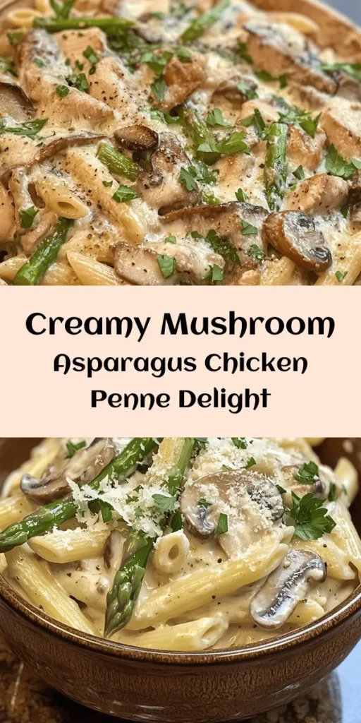 Indulge in this creamy mushroom and asparagus chicken penne, a delightful combination that’s perfect for a weeknight dinner! With tender chicken, vibrant asparagus, and earthy cremini mushrooms enveloped in a rich cream sauce, this dish is a fulfilling treat. Ready in just 30 minutes, it combines simple ingredients like penne pasta, garlic, and Parmesan cheese for a comforting meal the whole family will love. Garnish with fresh parsley for a burst of flavor!