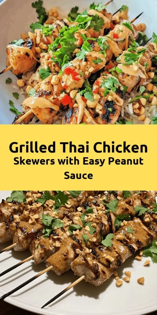 Savor the flavors of Thailand with these easy grilled chicken skewers drizzled in a creamy peanut sauce! Marinated with soy sauce, garlic, and spices, the tender chicken is perfectly grilled for that smoky flavor. The rich peanut sauce, made with coconut milk and ginger, adds the perfect finishing touch. Ideal for a quick weeknight dinner or a weekend barbecue, this dish is a delicious crowd-pleaser. Enjoy with fresh cilantro and peanuts for an extra crunch!