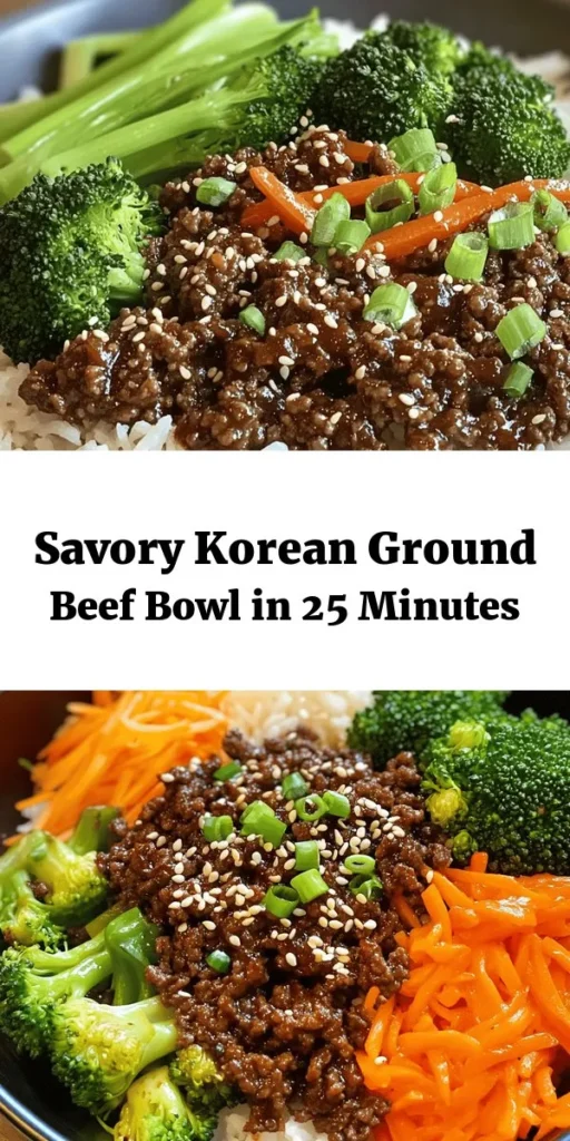Whip up a delicious Korean Ground Beef Bowl that's bursting with flavor in just 25 minutes! This easy recipe features savory ground beef cooked in a sweet and tangy sauce, served over fluffy jasmine rice and topped with sautéed broccoli and carrots. Garnish with sesame seeds and fresh green onions for an extra touch. Perfect for a weeknight dinner or meal prep, this dish is sure to please everyone at the table. Give it a try and enjoy a taste of Korea at home!