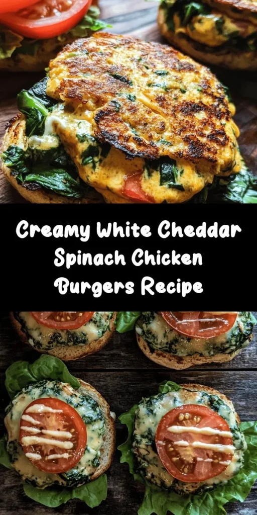 Indulge in these delicious Creamy White Cheddar & Spinach Chicken Burgers, perfect for any meal! Made with ground chicken, fresh spinach, and melted white cheddar, these juicy patties are packed with flavor. Ready in just 30 minutes, they’re an easy option for dinner or lunch. Simply add your favorite toppings like lettuce and tomato, and enjoy with sweet potato fries or a salad on the side. A nutritious twist on the classic burger that's sure to impress!