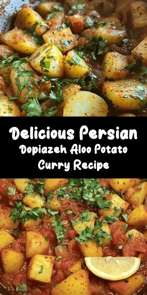Discover the vibrant flavors of Dopiazeh Aloo, a delicious Persian potato curry that will warm your heart! This simple recipe combines tender potatoes with aromatic spices, sautéed onions, garlic, and ginger for a comforting dish perfect for any meal. Ready in just about 50 minutes, it's ideal for serving with warm bread or rice. Garnish with fresh cilantro and a squeeze of lemon for a delightful touch. Dive into this culinary adventure and enjoy a taste of Persia!
