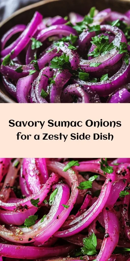 Get ready to elevate your meals with this flavorful Sumac Onions Delight! This easy recipe combines caramelized red onions with tangy sumac, a touch of lemon juice, and optional honey for a hint of sweetness. Perfect as a side dish, topping for grilled meats, or a zesty addition to salads, it's sure to impress. Ready in just 20 minutes and serves four, it's a delicious way to add a burst of flavor to any dinner! Top it off with fresh parsley for a stunning finish.