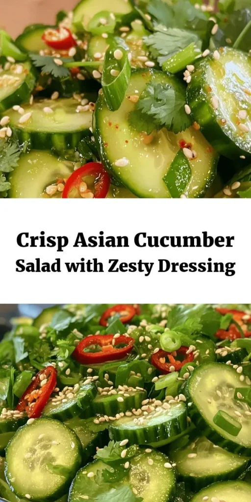 Brighten up your meals with this Crisp & Zesty Asian Cucumber Salad! This refreshing dish combines thinly sliced cucumbers with a tangy dressing made from rice vinegar, soy sauce, and sesame oil, all enhanced by garlic, ginger, and a kick of red chili. Perfect as a side dish or a light snack, it’s ready in just 25 minutes. Garnish with sesame seeds and fresh cilantro for an extra touch. Your taste buds will thank you!