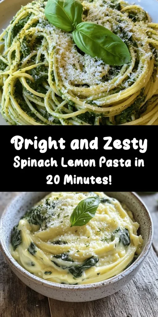 Experience the refreshing taste of Spinach Lemon Pasta! This quick and easy recipe combines al dente spaghetti or linguine with fresh spinach, zesty lemon, and fragrant garlic for a burst of flavor in every bite. Tossed with olive oil and a hint of red pepper flakes, it's perfect for a light dinner. Top it off with Parmesan or nutritional yeast for a delicious finish. Ready in just 20 minutes, this dish is sure to become a weeknight favorite!