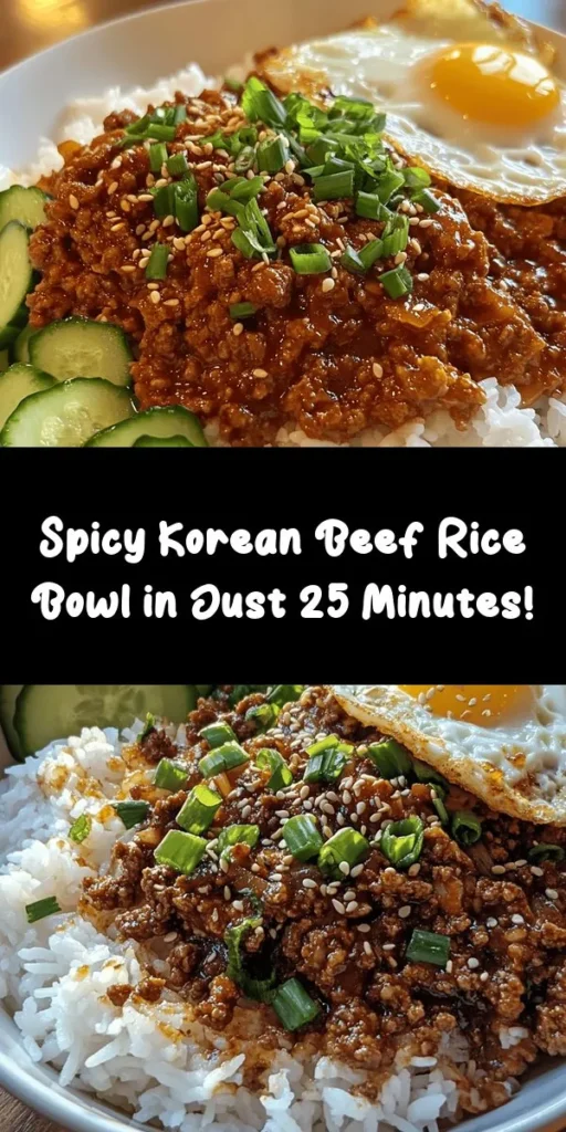 Spice up your dinner with this easy and delicious Spicy Korean Ground Beef Bowl! Featuring savory ground beef sautéed with garlic, onion, and a kick of gochujang, this dish is bursting with flavor. Ready in just 25 minutes, it’s perfect for busy weeknights. Serve it over fluffy jasmine rice and customize with your favorite toppings like sesame seeds or a fried egg. This simple recipe is sure to become a family favorite!