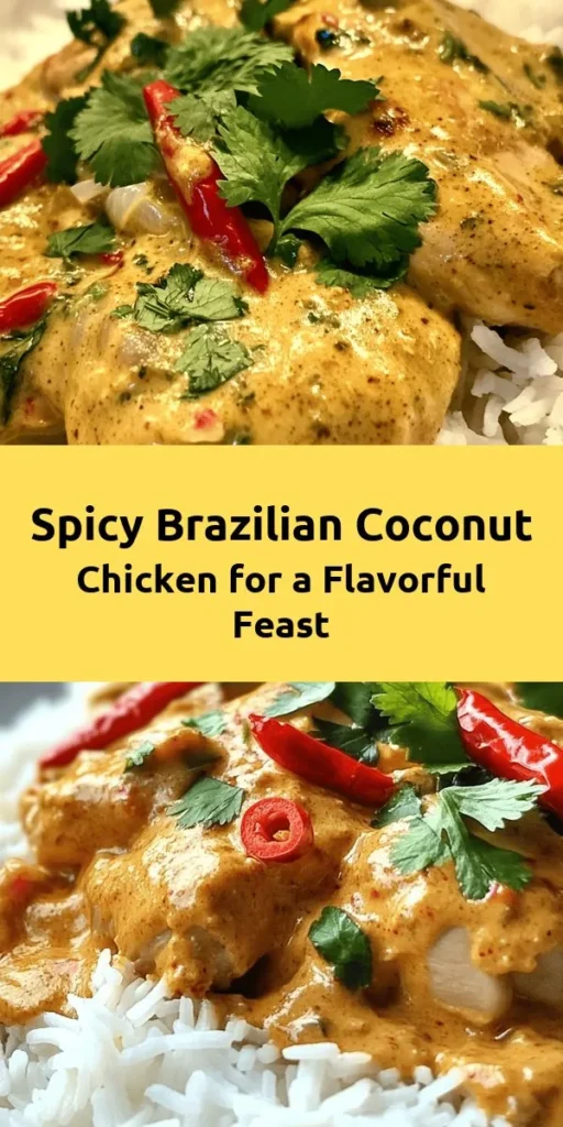 Spice up your dinner with this delicious Spicy Brazilian Coconut Chicken! This dish combines tender chicken thighs marinated in aromatic spices and simmered in creamy coconut milk, creating a mouthwatering experience. Perfect over rice, it's easy to make and sure to impress. With vibrant flavors from fresh garlic, ginger, and chilies, this recipe is a must-try for any home cook. Garnish with cilantro and enjoy a taste of Brazil at home!