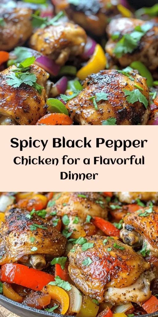 Looking for a flavorful and spicy dish? Try this Spicy Black Pepper Chicken Delight! It's made with tender chicken thighs marinated in black pepper, soy sauce, and oyster sauce, bringing a kick to your dinner table. Sautéed with garlic, ginger, and colorful bell peppers, this recipe is both easy and delicious. Perfect for a quick weeknight meal or a special occasion. Serve it with rice or noodles for a complete meal and enjoy the burst of flavors!
