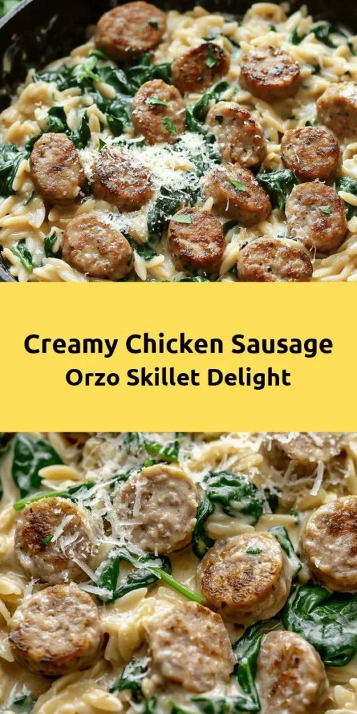Try this creamy chicken sausage orzo skillet for a quick and delicious weeknight meal! Cook tender chicken sausage with onions and garlic, then mix in orzo pasta cooked in rich chicken broth. Add heavy cream and fresh spinach for a comforting finish, topped with melty Parmesan cheese. Ready in just 30 minutes, this dish serves 4 and is perfect for family dinners. Garnish with parsley for an extra touch. Enjoy the flavors in every bite!