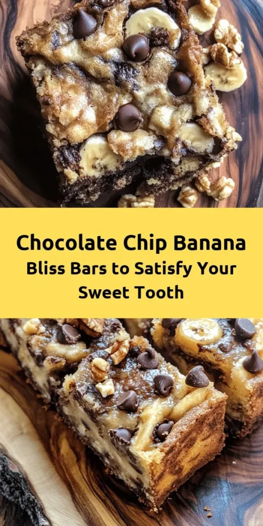 Indulge in these delightful Chocolate Chip Banana Bliss Bars! Perfect for a snack or dessert, these bars combine the natural sweetness of ripe bananas with rich semi-sweet chocolate chips. Made with simple ingredients like butter, sugar, and walnuts, they're easy to whip up in just 15 minutes of prep time. Bake them to golden perfection and enjoy a delicious treat that everyone will love. Get your taste buds ready for the ultimate banana-chocolate combo!