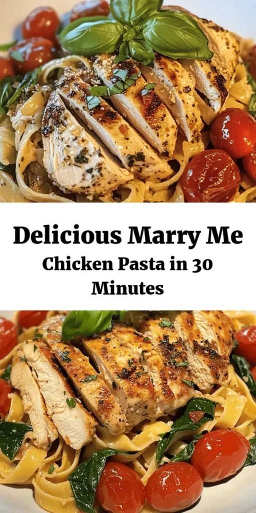 Indulge in this creamy, dreamy Marry Me Chicken Pasta Recipe that’s sure to win hearts! With tender chicken, cherry tomatoes, and fresh spinach tossed in a rich Parmesan cream sauce, this dish is perfect for a romantic dinner or a cozy family meal. Ready in just 30 minutes, it's easy to make and absolutely delicious. Serve it hot, garnished with fresh basil for an extra touch of flavor. Your loved ones will be begging for the recipe!