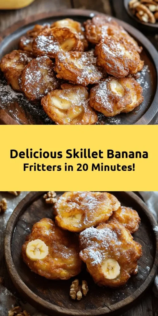 Indulge in these delicious skillet banana fritters, a perfect way to use ripe bananas! Made with simple ingredients like flour, sugar, and a touch of cinnamon, these fritters are fluffy on the inside and crispy on the outside. Ready in just 20 minutes, they’re great for breakfast or a sweet snack. Top with powdered sugar and optional nuts for extra flavor. Follow this easy recipe and treat yourself to a delightful homemade treat!