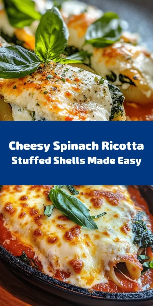 Discover a delicious way to enjoy dinner with these Easy Spinach & Ricotta Stuffed Shells! Packed with creamy ricotta, fresh spinach, and topped with gooey mozzarella, this dish is a family favorite. With simple ingredients and straightforward instructions, you'll have a comforting meal ready in no time. Perfect for busy nights or special occasions, serve with a side salad and watch everyone dig in. Don’t forget the fresh basil for that extra flavor!