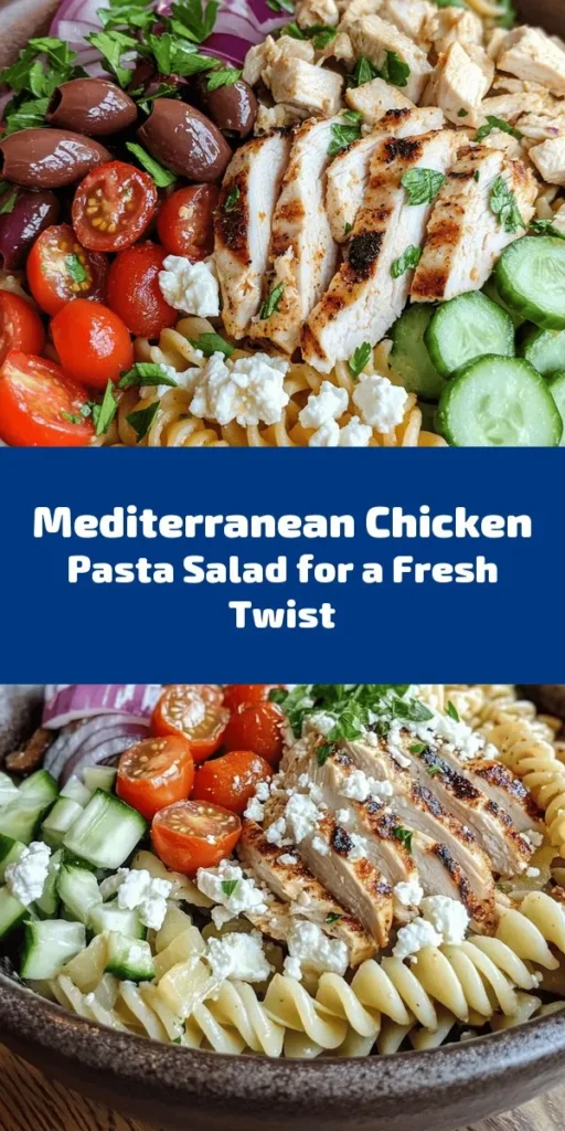Elevate your meal prep with this delicious Mediterranean Chicken Pasta Salad! Packed with rotini pasta, grilled chicken, fresh veggies, and tangy feta cheese, this dish is perfect for lunch or dinner. The creamy dressing ties everything together and adds a delightful flavor. Whip it up in just an hour and enjoy a healthy, refreshing salad that's great for gatherings or weekday meals. Serve chilled and savor a taste of the Mediterranean!