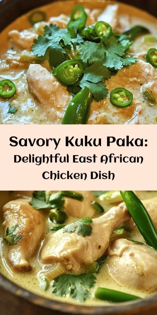 Discover the vibrant flavors of East Africa with this delicious Kuku Paka recipe! This hearty dish features marinated chicken simmered in rich coconut milk, blended with aromatic spices like curry, coriander, and cumin. It's perfect for family dinners or special occasions. The balance of spices and creaminess makes every bite irresistible. Serve it with your favorite rice or flatbread and garnish with fresh cilantro for a beautiful finish. Enjoy a taste of Kenya at home!