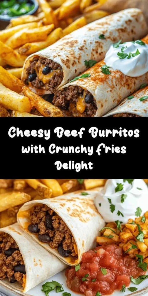 Transform your dinner game with these Cheesy Beef Burritos paired with irresistibly crispy fries! Loaded with flavorful ground beef, black beans, rice, and a melty cheese blend, these burritos are as satisfying as they are delicious. Bake the fries to crispy perfection for the ultimate side. Perfect for a family meal or a cozy night in, this recipe brings together comfort food that everyone will love. Serve with sour cream and salsa for a tasty finish!