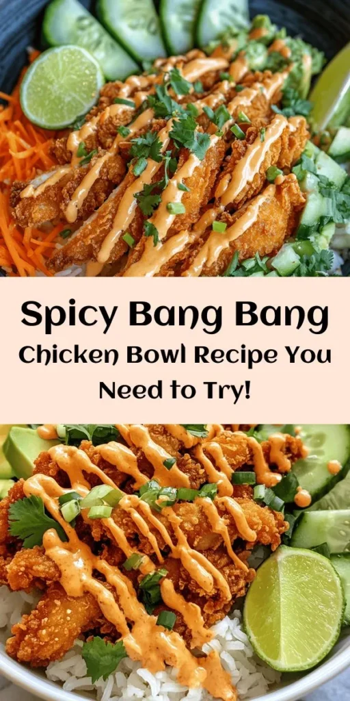 Get ready to spice up your dinner routine with this delicious Bang Bang Chicken Bowl! Featuring crispy fried chicken thighs coated in a flavorful cornstarch mix, this bowl is layered with fluffy jasmine rice, crunchy veggies, and creamy avocado. Drizzle on a mouthwatering Bang Bang sauce made from mayo, sweet chili sauce, and a kick of sriracha. Perfect for a quick weeknight meal or impressing guests, this dish will become a family favorite!