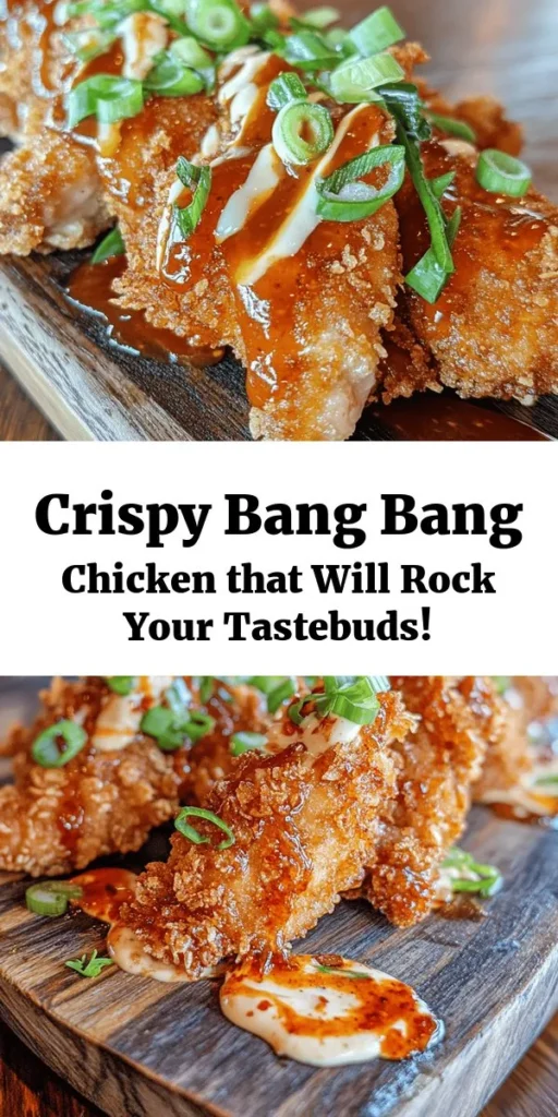 Get ready to indulge in Crispy Bang Bang Chicken! This dish features tender chicken thighs coated in a flavorful mix of spices, perfectly breaded with panko for extra crunch. Fried to golden perfection, these bites are tossed in a creamy, spicy bang bang sauce that balances sweetness and heat. Perfect as an appetizer or paired with rice, this recipe is sure to impress your family and friends. Dive into this deliciousness tonight!