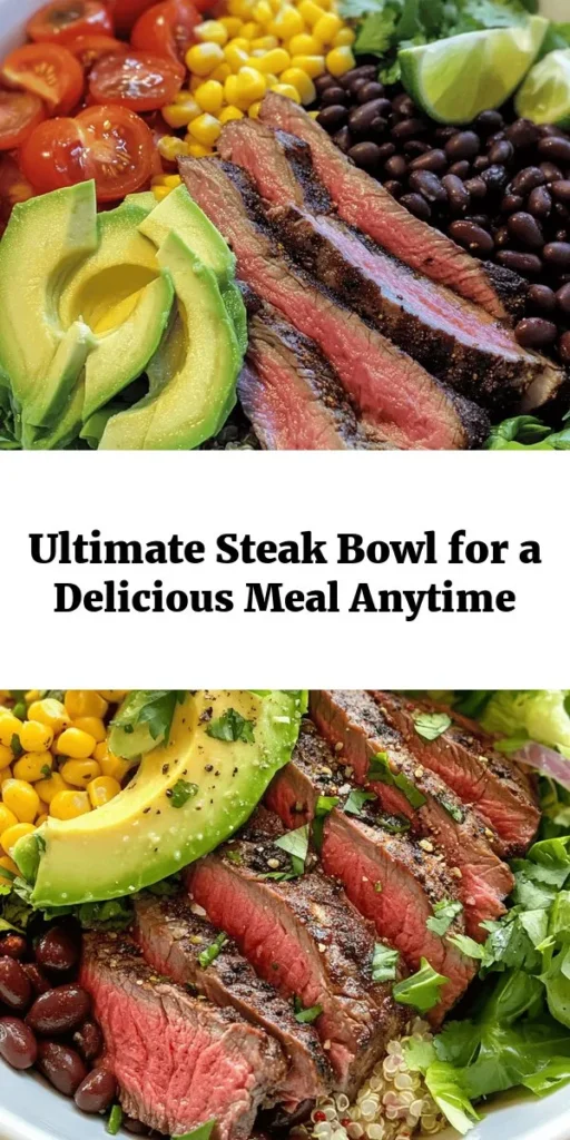 Elevate your meal prep with the Ultimate Steak Bowl! This delicious dish features tender ribeye steak seasoned to perfection and served over a bed of quinoa or brown rice. Layer it up with black beans, sweet corn, creamy avocado, cherry tomatoes, and fresh greens for a burst of flavor. Drizzle with lime juice and top with cilantro for a refreshing finish. Perfect for any occasion and ready in just 30 minutes! Enjoy a hearty, healthy meal that everyone will love.