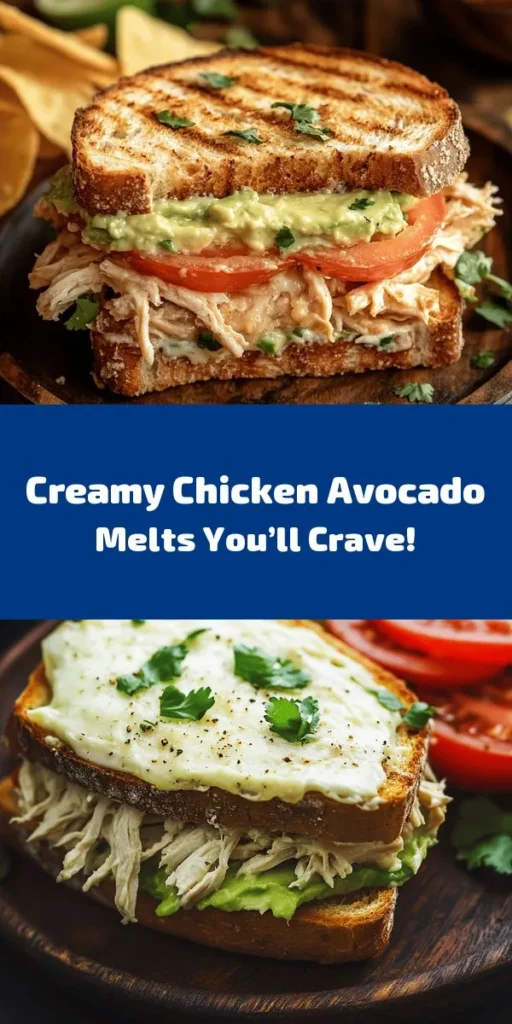 Indulge in the deliciousness of a Creamy Chicken Avocado Melt Sandwich! This easy recipe combines tender shredded chicken with creamy avocado and Greek yogurt, creating a flavorful filling that’s perfect for lunch or dinner. Layer it all between slices of crusty whole-grain or sourdough bread, topped with melted mozzarella and fresh tomato. Toasted to perfection in a buttery skillet, these sandwiches are a satisfying treat you won't want to miss! Enjoy with chips or a fresh salad!