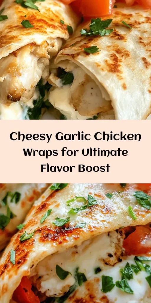 Enjoy a delicious mix of cheesy and garlicky flavors with these easy Cheesy Garlic Chicken Wraps! Perfect for lunch or dinner, this recipe combines tender shredded chicken with creamy mozzarella and cream cheese, enhanced by fresh garlic and spices. Packed with spinach and tomatoes for a healthful crunch, these wraps are grilled to perfection for a crispy finish. Quick to make and bursting with flavor, this dish is a family favorite you'll want to try!