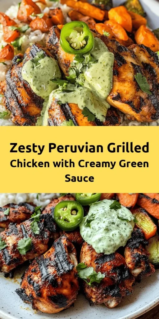Experience the vibrant flavors of Peru with this delicious Peruvian Grilled Chicken with Creamy Green Sauce! This easy-to-follow recipe features marinated chicken thighs grilled to perfection and topped with a creamy, tangy green sauce made from Greek yogurt, jalapeños, and fresh cilantro. Perfect for a summer barbecue or any weeknight dinner, serve it with rice or fresh veggies for a complete meal. Your taste buds are in for a treat!