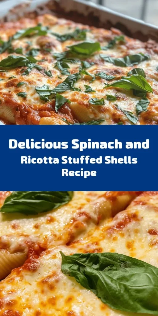 Indulge in these Easy Spinach and Ricotta Stuffed Shells for a quick and delicious meal! Stuff jumbo pasta shells with a creamy mixture of ricotta, spinach, and cheeses, then bake them in marinara sauce. Perfect for busy weeknights or gatherings, this comforting dish is ready in just under an hour. Garnish with fresh basil for an extra touch. Bring smiles to your table with this crowd-pleaser! #PastaRecipes #ComfortFood #EasyCooking
