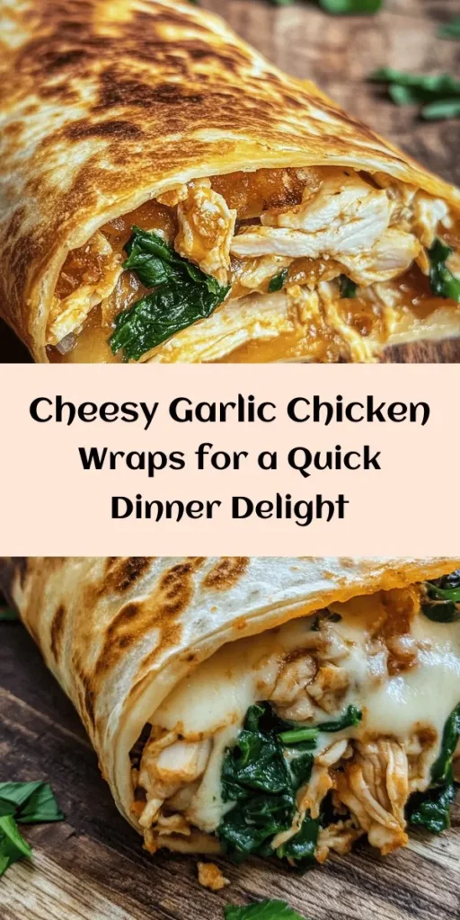 Indulge in the creamy and savory delight of Cheesy Garlic Chicken Wraps! Perfect for lunch or dinner, these wraps are filled with shredded chicken, mozzarella, cream cheese, and sautéed garlic, all wrapped in a warm flour tortilla. Fresh spinach and optional diced tomatoes add a burst of flavor. Bake for a golden finish and serve garnished with parsley for an extra touch. Easy to make and irresistibly cheesy, your family will love them!