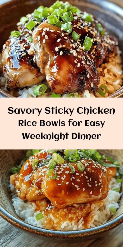 Indulge in these delicious Sticky Chicken Rice Bowls that are perfect for a cozy weeknight dinner! With tender marinated chicken thighs glazed in a sweet and savory sauce, served over fluffy jasmine rice, this dish promises to satisfy your cravings. Finished with fresh green onions and sesame seeds for a delightful crunch, it's as beautiful as it is tasty. Easy to prepare in just an hour, this recipe is bound to become a family favorite!