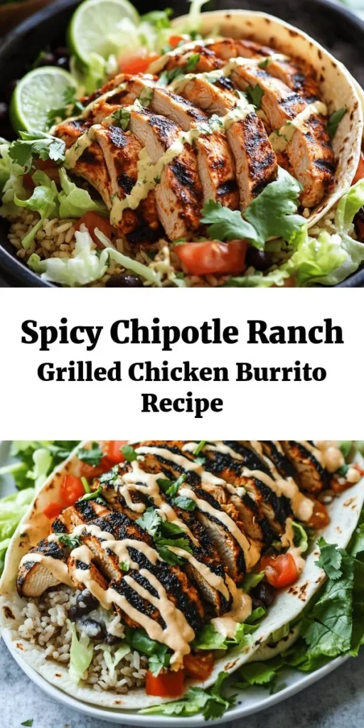 Spicy Chipotle Ranch Grilled Chicken Burritos are the perfect blend of flavors for your next meal! Marinated grilled chicken is combined with hearty brown rice, black beans, crisp lettuce, juicy tomatoes, and melted cheddar cheese, all wrapped in a warm tortilla. Drizzle with chipotle ranch dressing for an extra kick. Quick to prep and packed with deliciousness, these burritos are sure to satisfy your cravings. Serve with lime wedges for a zesty finish!