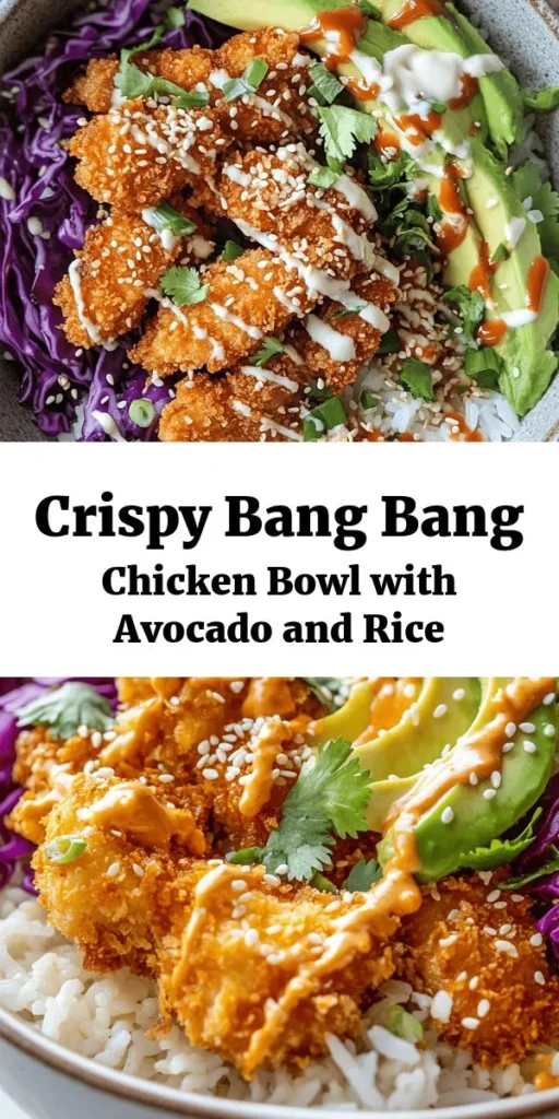Whip up a delicious Bang Bang Chicken Bowl that's perfect for any meal! This recipe features crispy, breaded chicken thighs served over a bed of fluffy jasmine rice and crunchy cabbage. Drizzle with a creamy, spicy Bang Bang sauce made with mayo, sweet chili, and Sriracha, and top with avocado, green onions, and sesame seeds. Quick to prepare and bursting with flavor, it's a satisfying dish the whole family will love! Enjoy in just 40 minutes.