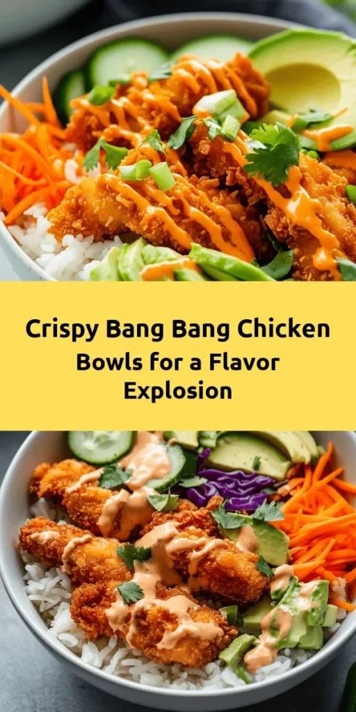 Dive into these delicious Bang Bang Chicken Bowls that are sure to impress! With crispy, panko-breaded chicken served over a fluffy base of jasmine rice, each bowl is loaded with fresh veggies like cabbage, carrots, and cucumber, plus creamy avocado. Drizzled with a zesty Bang Bang sauce, this meal is a perfect balance of flavor and texture. Ideal for a weeknight dinner or meal prep, you’ll love how easy and satisfying this recipe is!