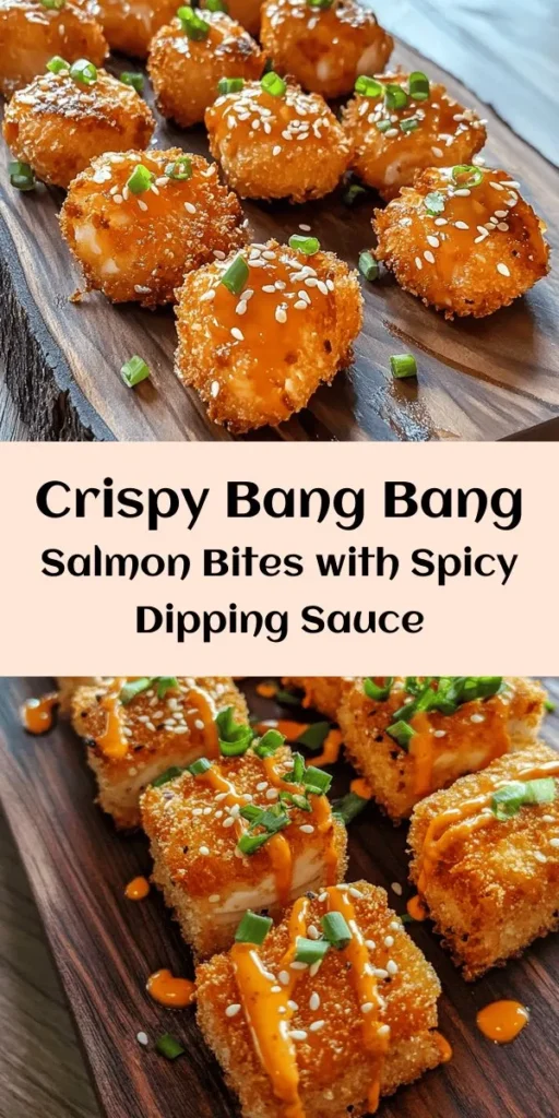 Indulge in these delectable Crispy Bang Bang Salmon Bites! This easy recipe takes fresh salmon, coats it in crunchy panko breadcrumbs, and fries it to perfection. Paired with a tangy Bang Bang sauce featuring mayonnaise, sweet chili, and a dash of sriracha, it's a crowd-pleaser for any gathering or a delicious dinner option. Perfectly crispy on the outside and tender on the inside, these bites are sure to impress! Enjoy with friends and family!