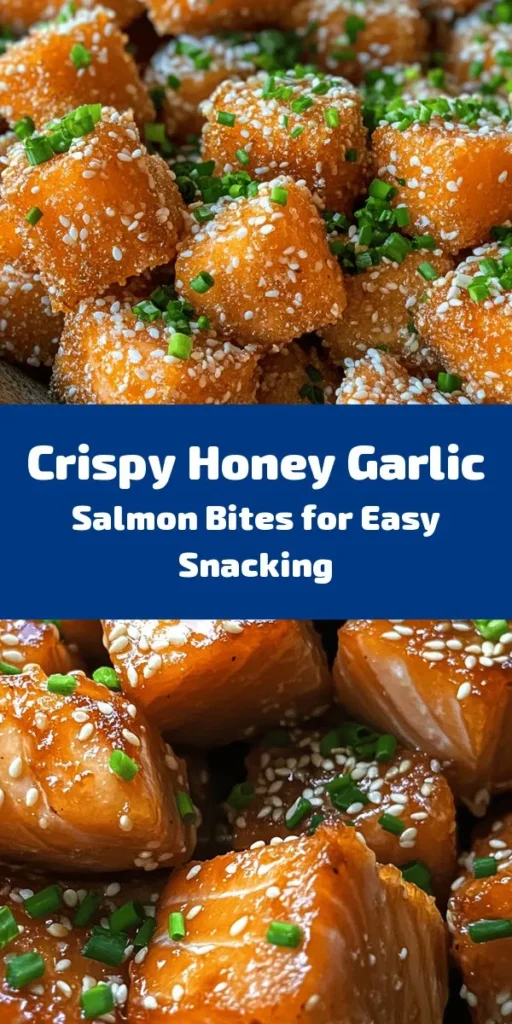Indulge in these crispy honey garlic salmon bites that are sure to impress! With a perfectly crispy exterior and a sweet, savory sauce, this dish is a delightful appetizer or main course. Made with fresh salmon coated in a flavorful flour and cornstarch mix, these bites are pan-fried to golden perfection. Drizzle with a quick homemade honey garlic sauce, garnish with sesame seeds and fresh chives, and enjoy a delicious meal in no time. Perfect for any occasion!